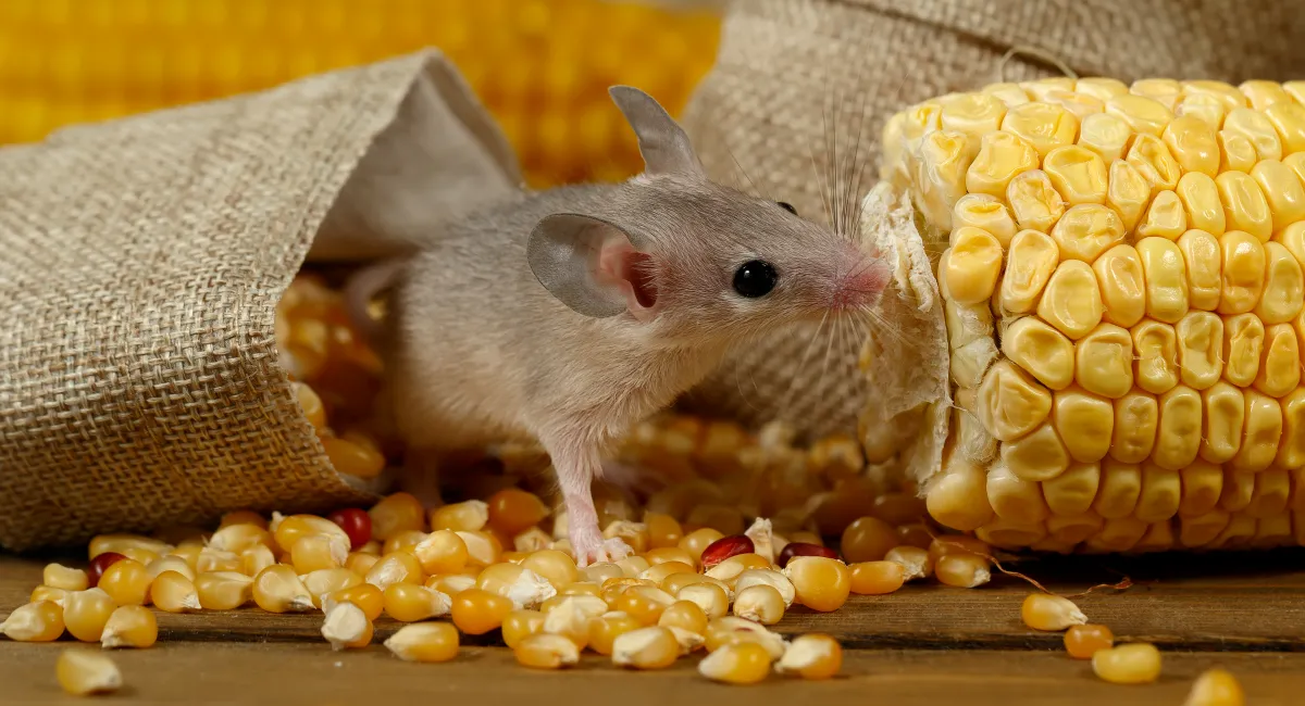 A gray mouse eating corn