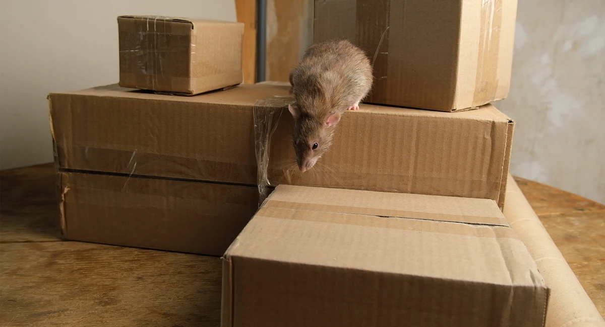 Gray rat on brown corrugated cardboard packaging boxes in a product warehouse.