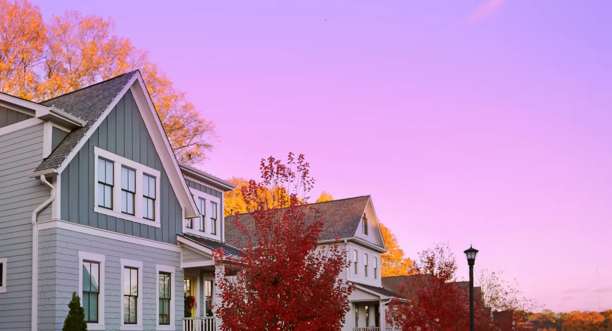 Residential neighborhood in Raleigh, NC, with new houses and fall foliage