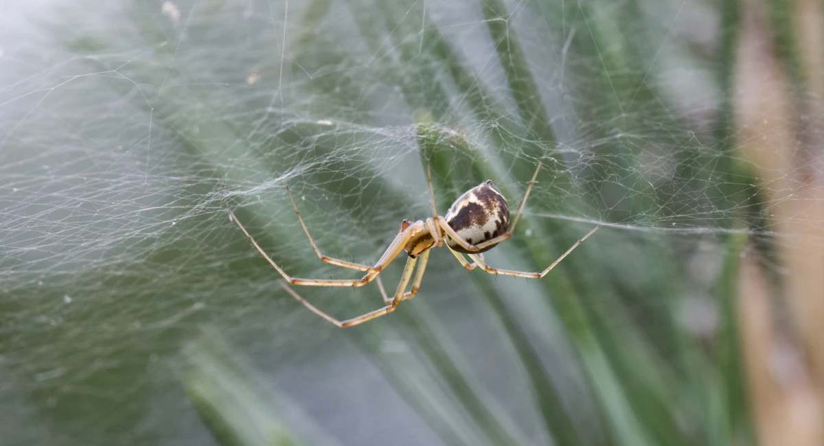 spider in web next to potted plant