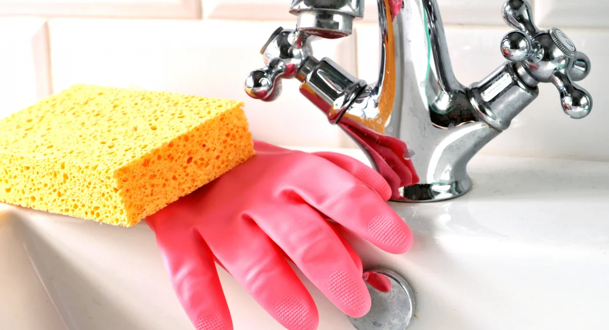 latex glove and sponge next to clean faucet in bathroom sink