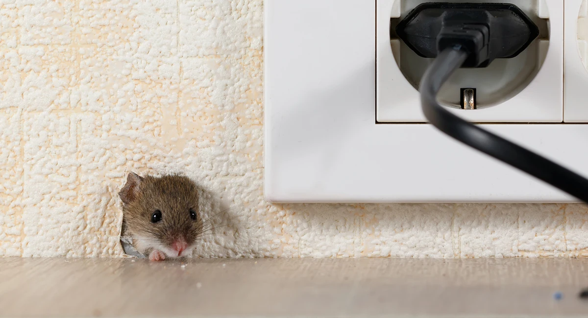 small mouse emerging from hole next to electrical outlet
