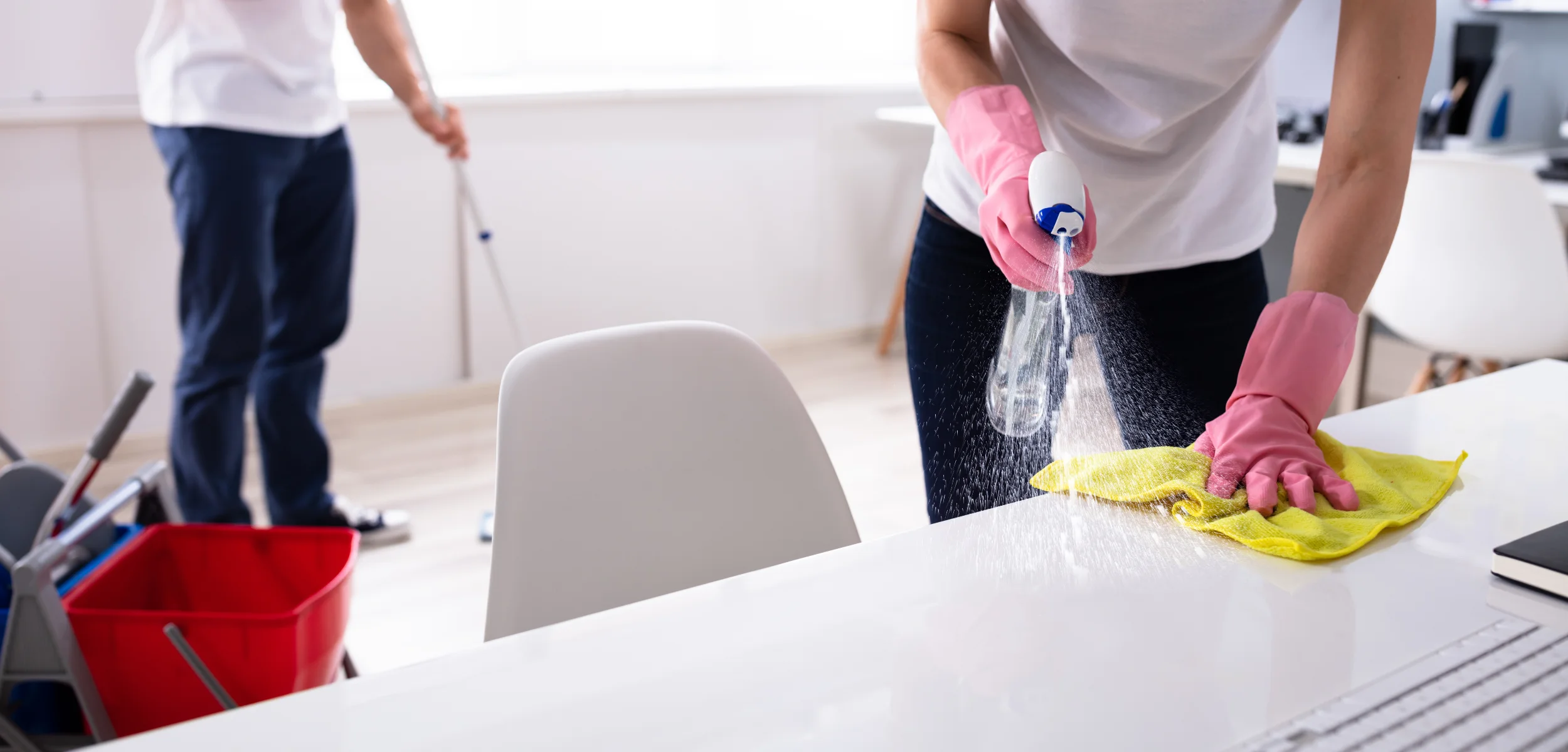 two people sanitizing office
